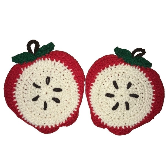 Vintage Crochet Hand Made Apple Potholders Trivets 2 - Picture 1 of 5